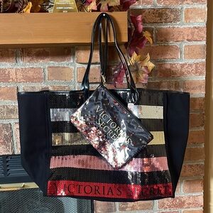 NWT Victoria's Secret Sequin Striped Bag w/ Bonus Cosmetic Bag